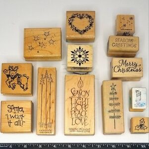 Vintage Holiday/Christmas Wooden Rubber Stamp Lot- 80s-00s- Large 13 Piece